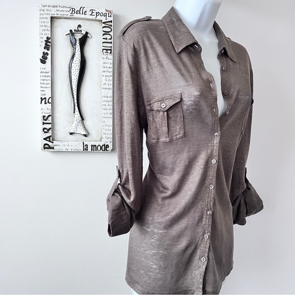 Gerard Darel 100% Linen Mocha Brown Button Down Minimalist Top Size L - Picture 4 of 10